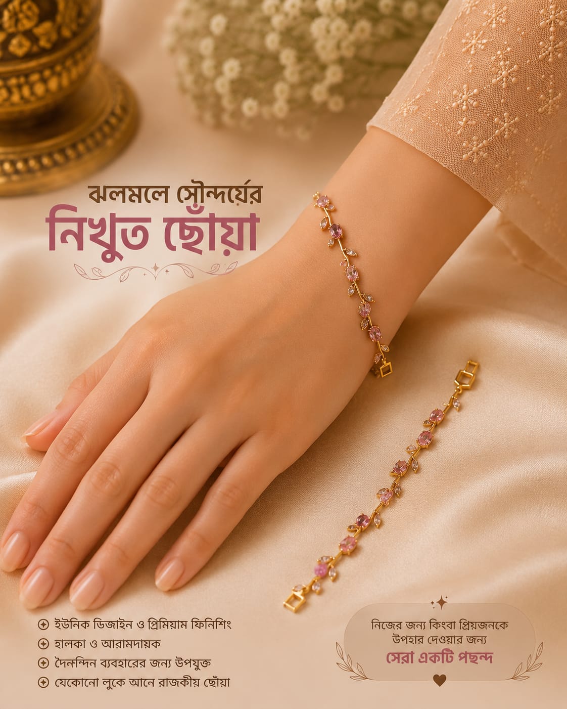 গোলাপি স্টোনের হাতের ব্রেসলেট